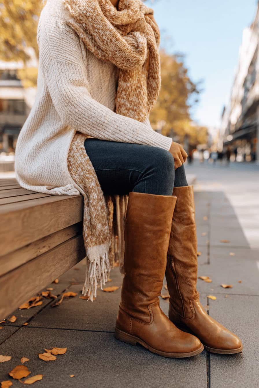 Frau mit braunen Lederstiefeln, Strickpulli und Schal sitzt auf Parkbank im Herbst