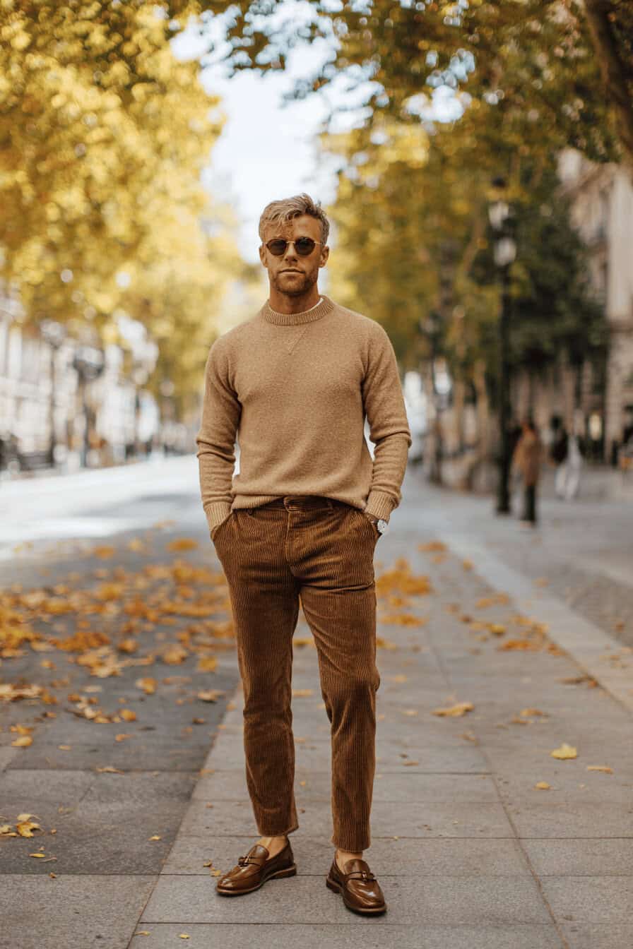 Mann trägt braune Cordhose, beigen Pullover und Loafer im herbstlichen Straßenbild