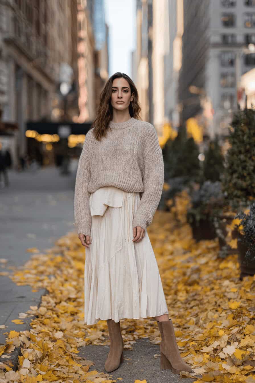 Frau in beigem Strickpullover, Midirock und Chelsea Boots auf herbstlich bedecktem Gehweg