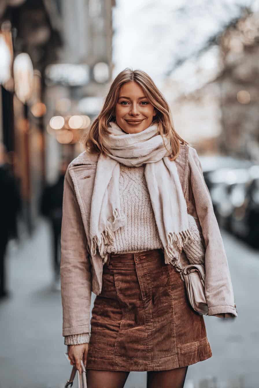 Frau im herbstlichen Outfit mit braunem Cordrock, Strickpulli, Blazer und Schal
