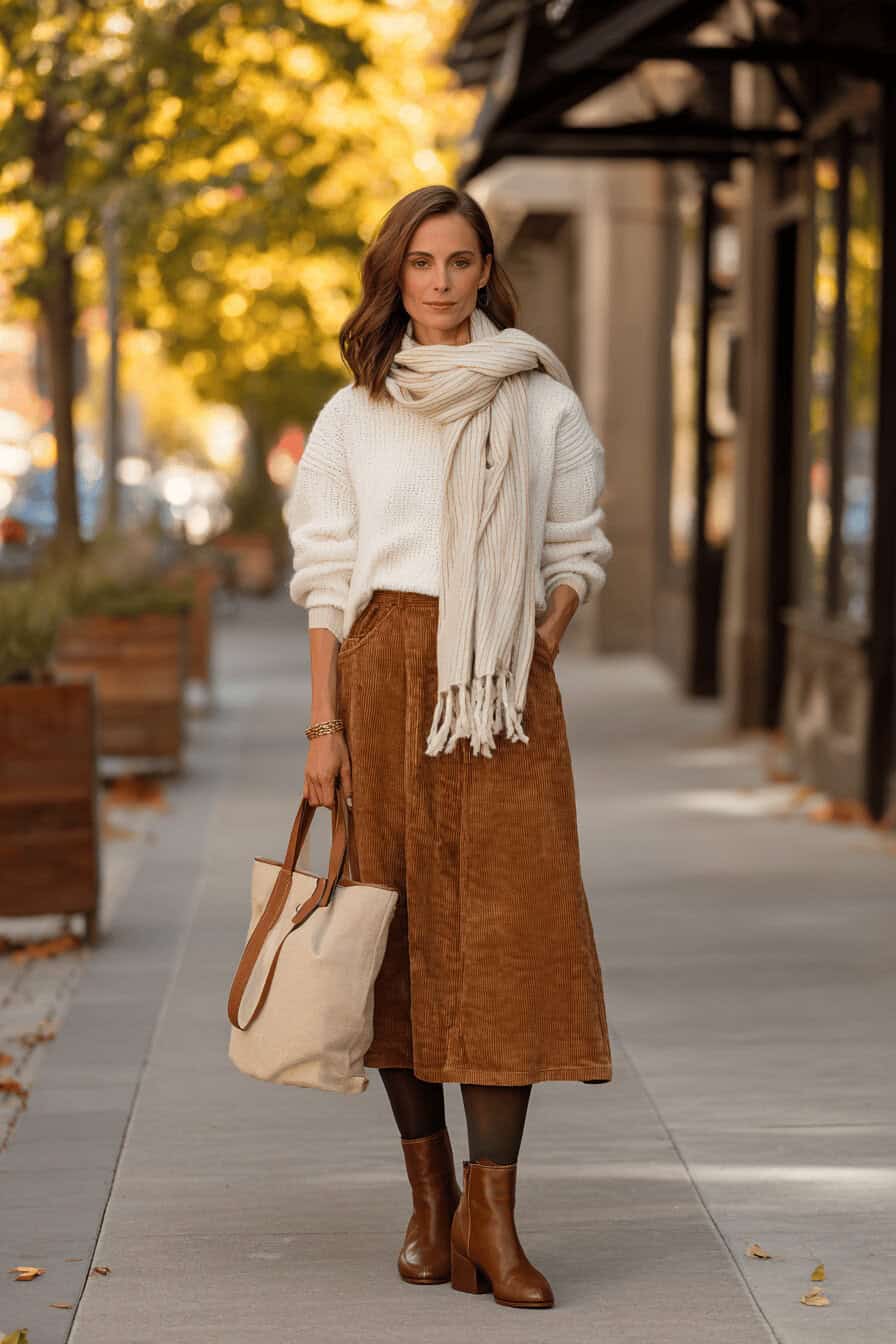 Frau in herbstlichem Outfit mit Cordrock und weißem Strickpullover