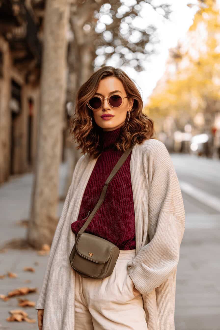 Frau mit Crossbody Bag, weitem Cardigan und herbstlichem Outfit auf Straße