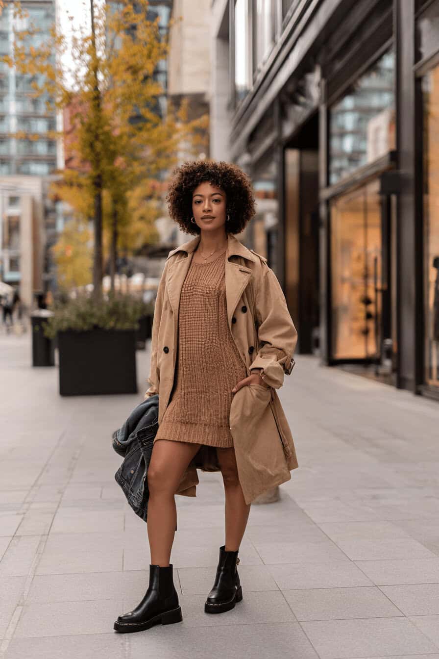 Kurvige Frau trägt Chelsea Boots mit Strickkleid und Trenchcoat auf herbstlicher Straße.