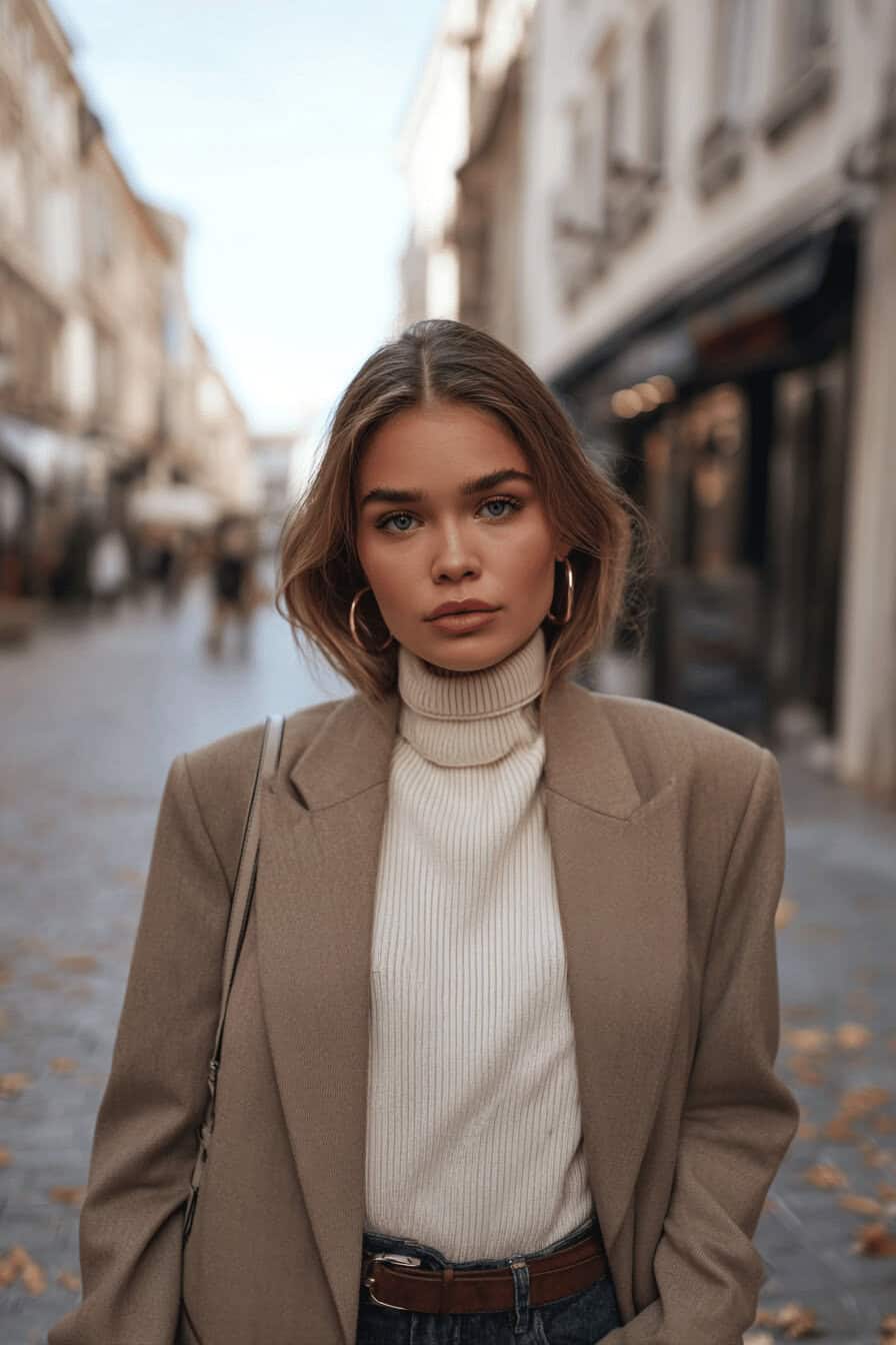 Curvy Frau trägt Boyfriend-Blazer im herbstlichen Streetstyle, offen über Strick, mit Jeans und Stiefeletten.
