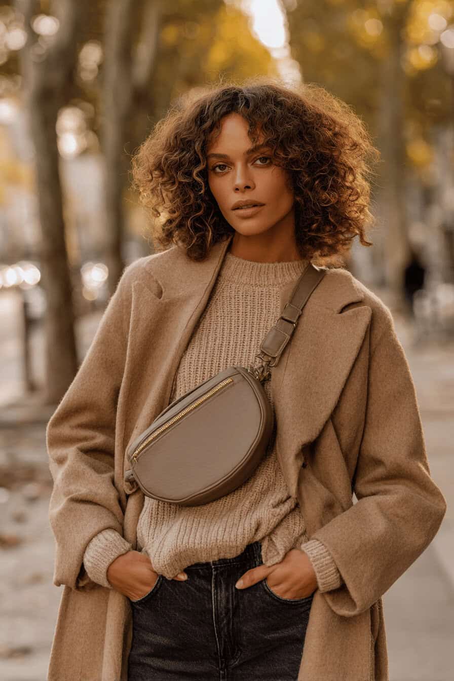 Curvy Frau im herbstlichen Outfit mit Crossbody Bag, Mantel und Stiefeletten auf einer Stadtstraße.