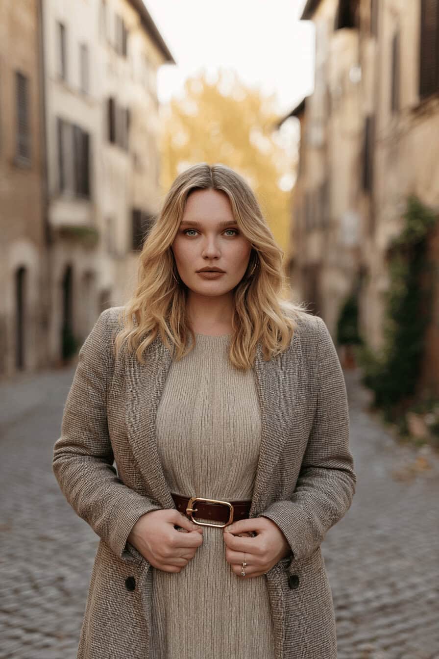 Kurvige Frau im herbstlichen Outfit mit Strickkleid, offenem Mantel und taillierendem Gürtel auf einer Stadtstraße.