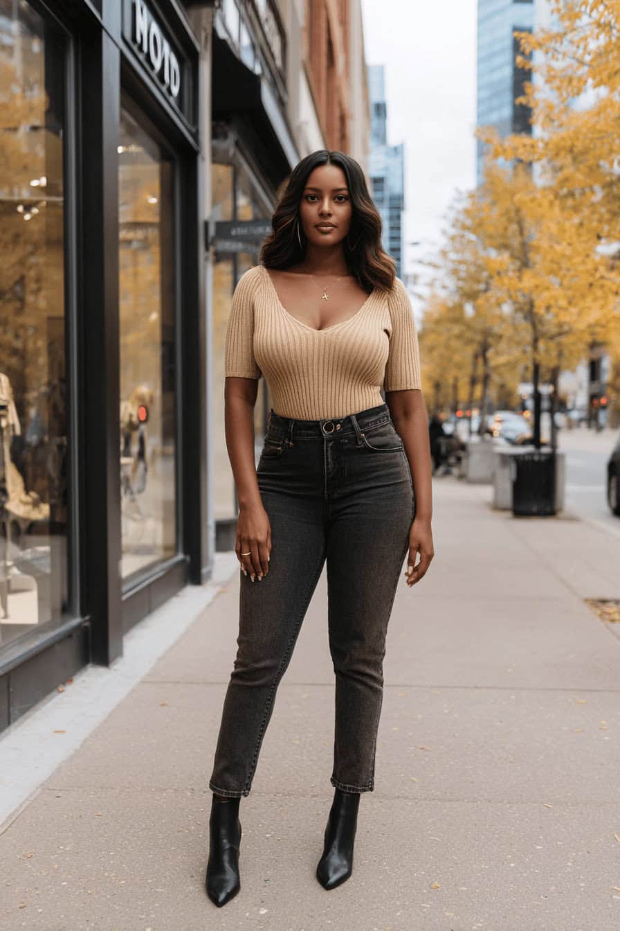 Kurvige Frau im herbstlichen Streetstyle: High-Waist-Jeans, tailliertes Stricktop, langer Mantel und Stiefeletten in warmen Tönen.