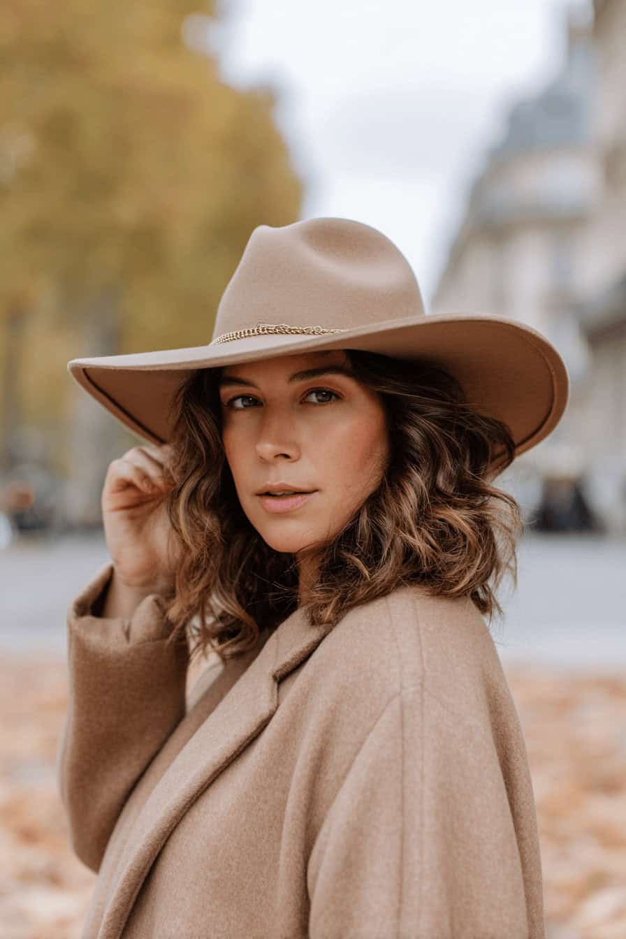 Curvy Frau im Camel-Mantel mit breitrandigem Wollhut, Strick und Jeans in herbstlicher Stadtkulisse.