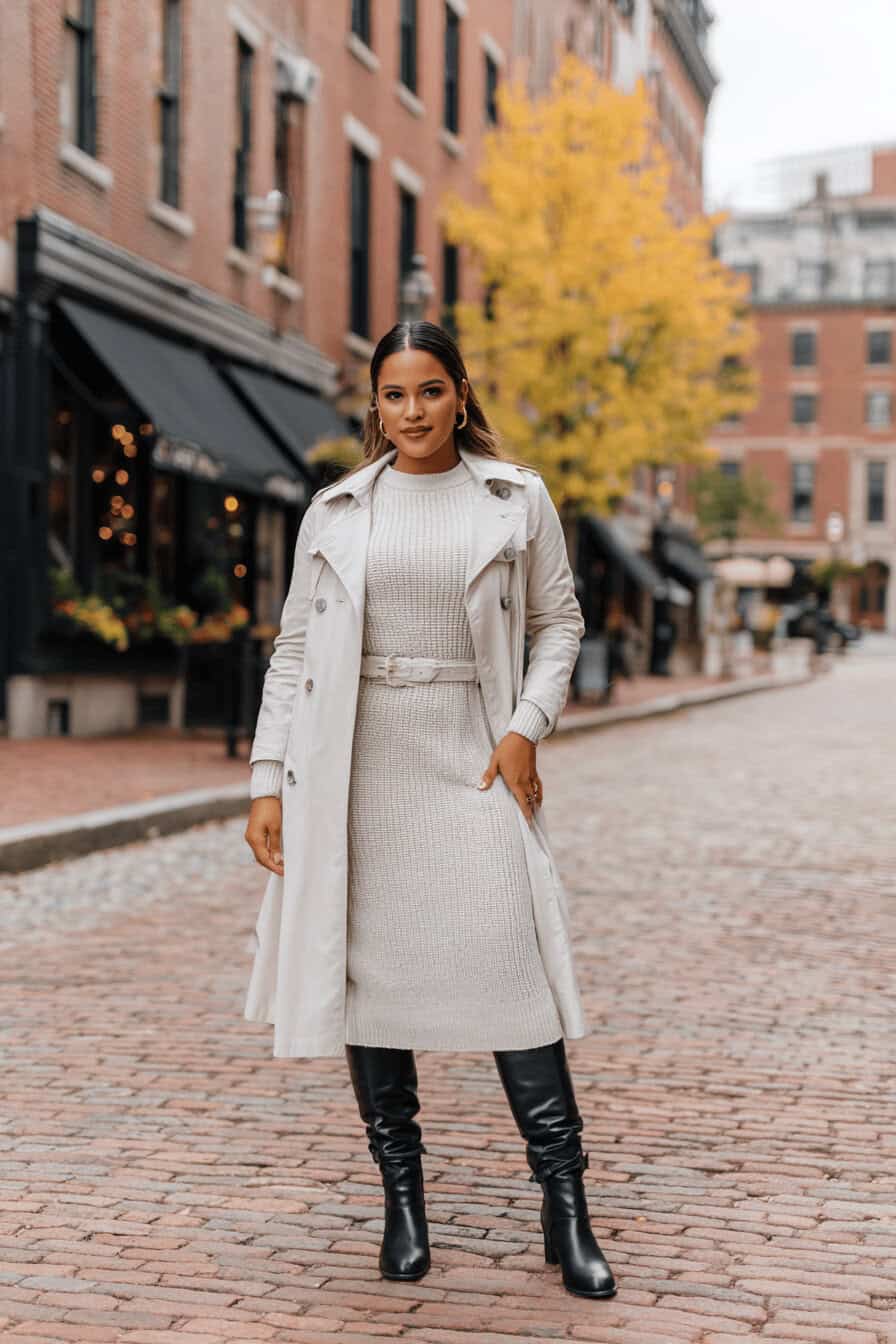 Curvy Frau im herbstlichen Streetstyle mit knielangen braunen Stiefeln, Strickkleid, Wollmantel und Crossbody-Tasche.