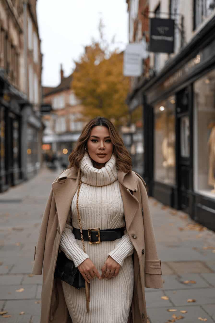 Kurvige Frau im herbstlichen Layering-Look: langer Mantel über Strick, Midi-Rock und Ankle Boots in warmen Erdtönen.