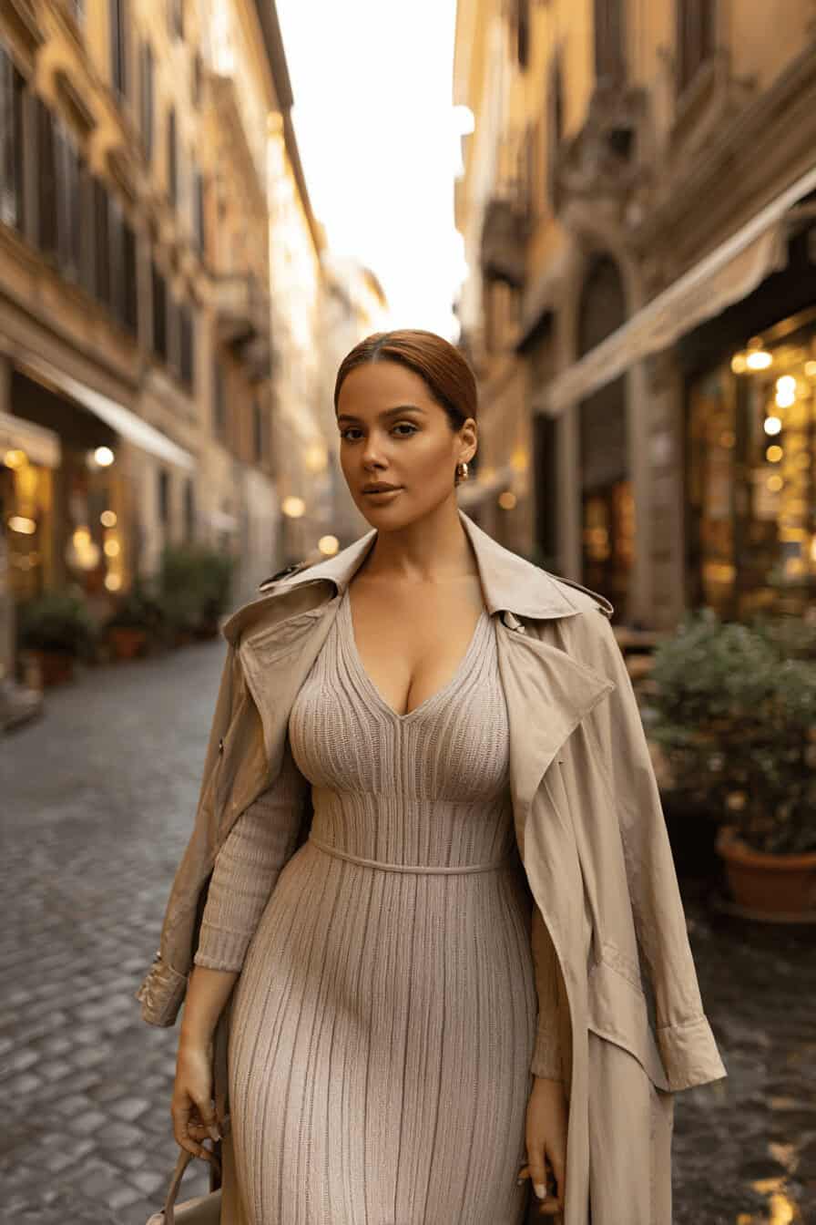Kurvige Frau in einem rostfarbenen Midi-Kleid mit Trenchcoat und Stiefeletten auf einer herbstlichen Straße.