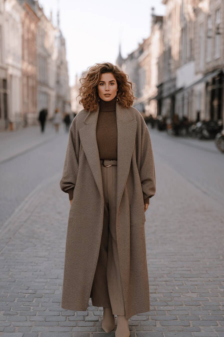 Curvy Frau in einem Oversize-Mantel im herbstlichen Streetstyle, kombiniert mit Strick, Jeans und Stiefeletten.