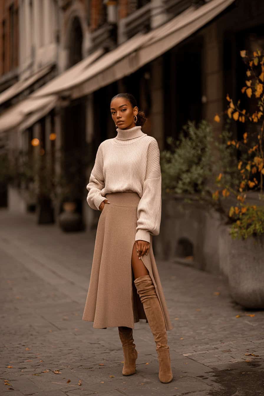 Curvy Model in A-Linien-Midi-Rock mit kuscheligen Stiefeln und Strickpullover in herbstlicher Street-Style-Szene.