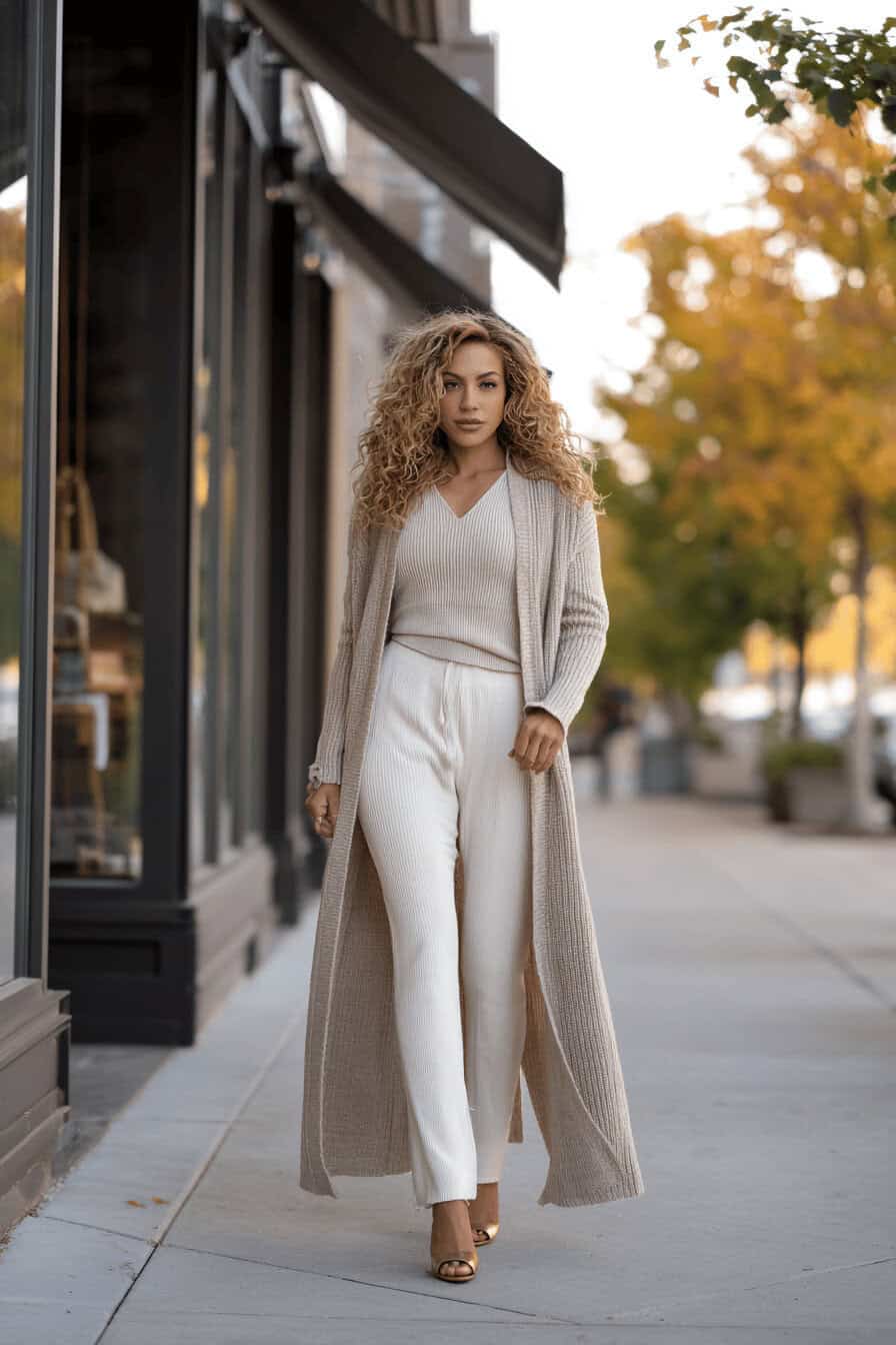 Kurvige Frau im herbstlichen Look mit langer Strickjacke, High-Waist-Jeans und Ankle Boots im Park.