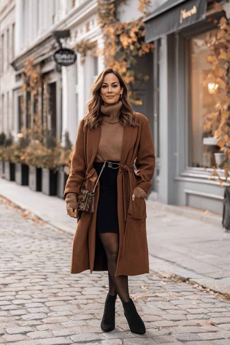 Curvy Frau im herbstlichen Streetstyle mit dunklen Strumpfhosen, Midikleid, Wollmantel und Ankle Boots.