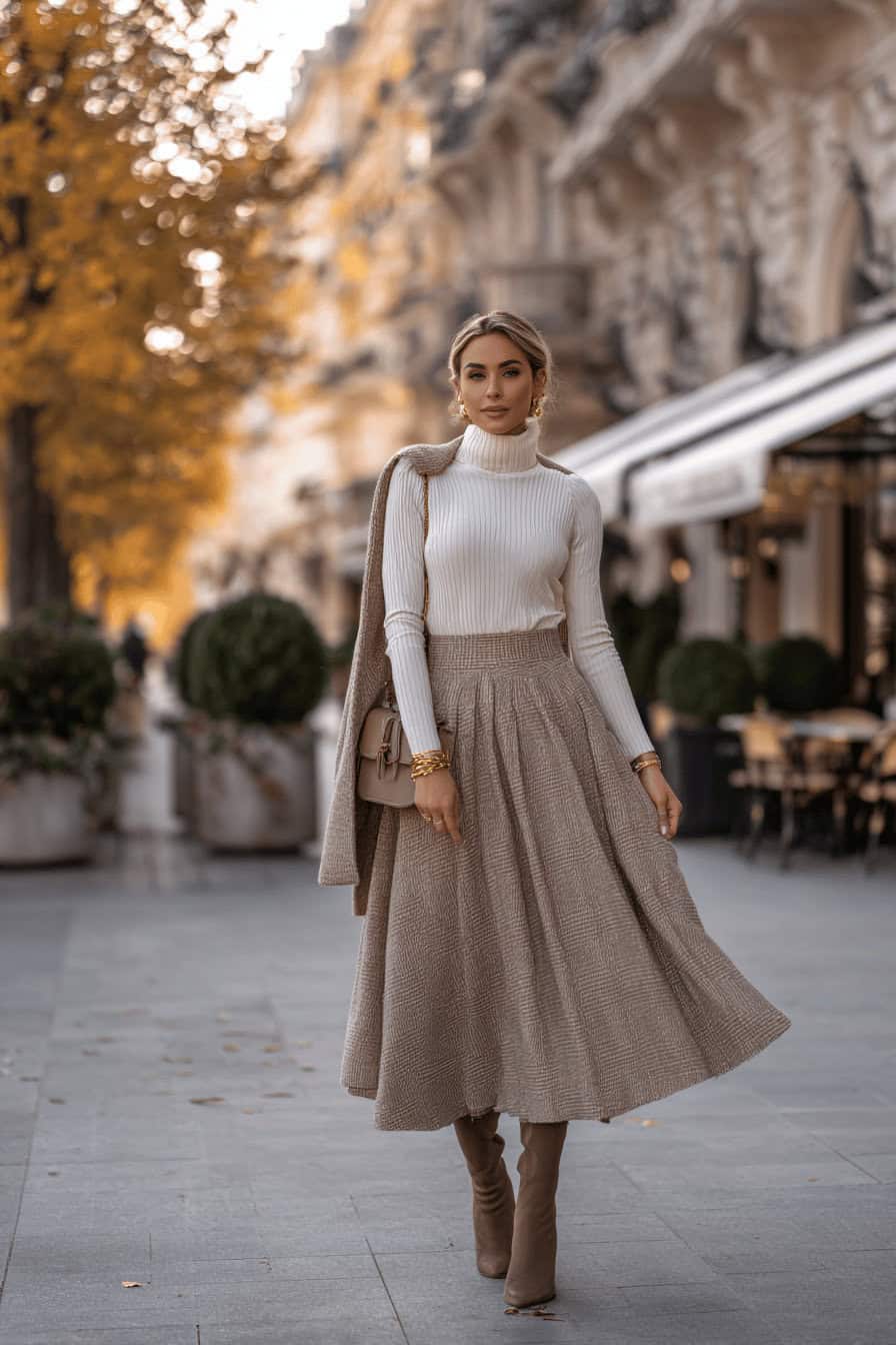 Curvy Frau im A-Linien-Wollrock mit Strickpullover und Stiefeln, herbstliche Kulisse mit buntem Laub.
