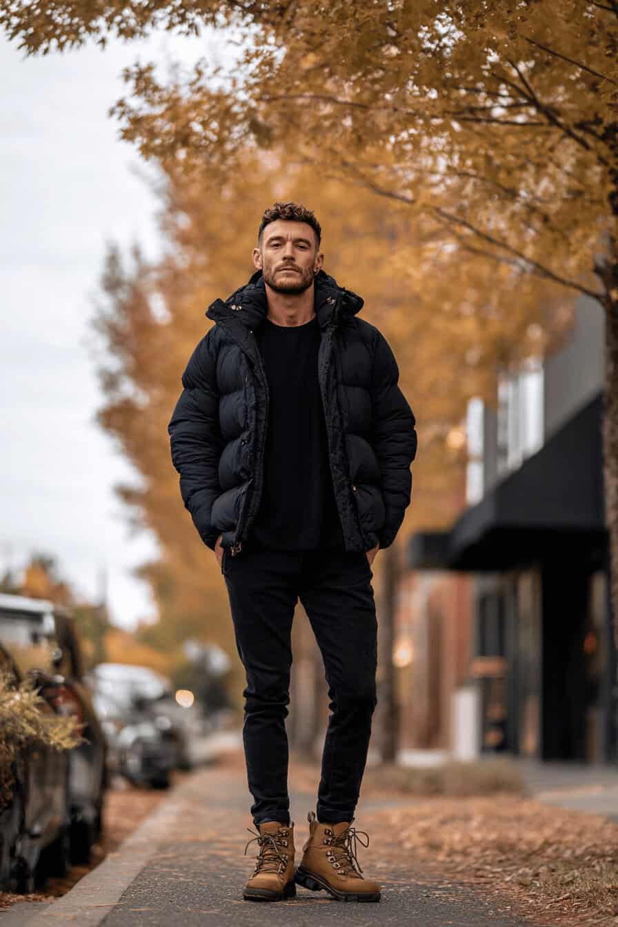 Herbstlicher Streetstyle mit schwarzer Daunenjacke und Wanderboots