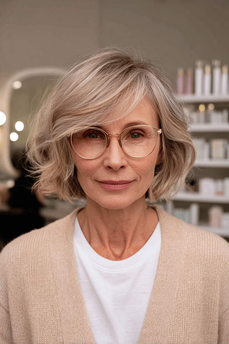 Reife Frau mit Brille und elegantem, mittellangem Bob mit Seitenscheitel