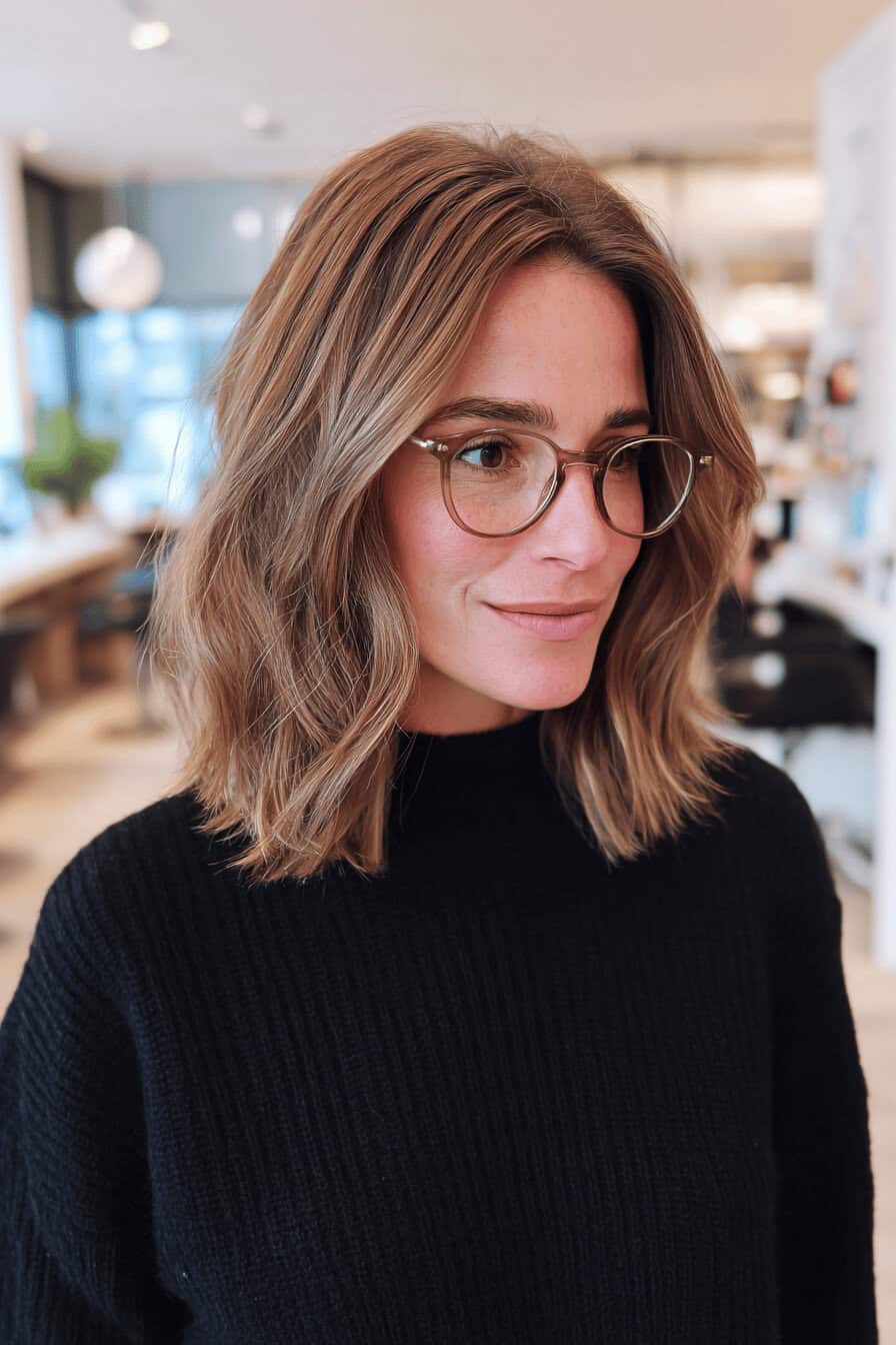 Frau mit mittellangem Lob-Haarschnitt und Brille in einem modernen Salon