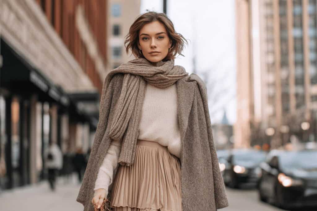 Frau in beigem Faltenrock mit Wollmantel und Schal auf winterlicher Straße