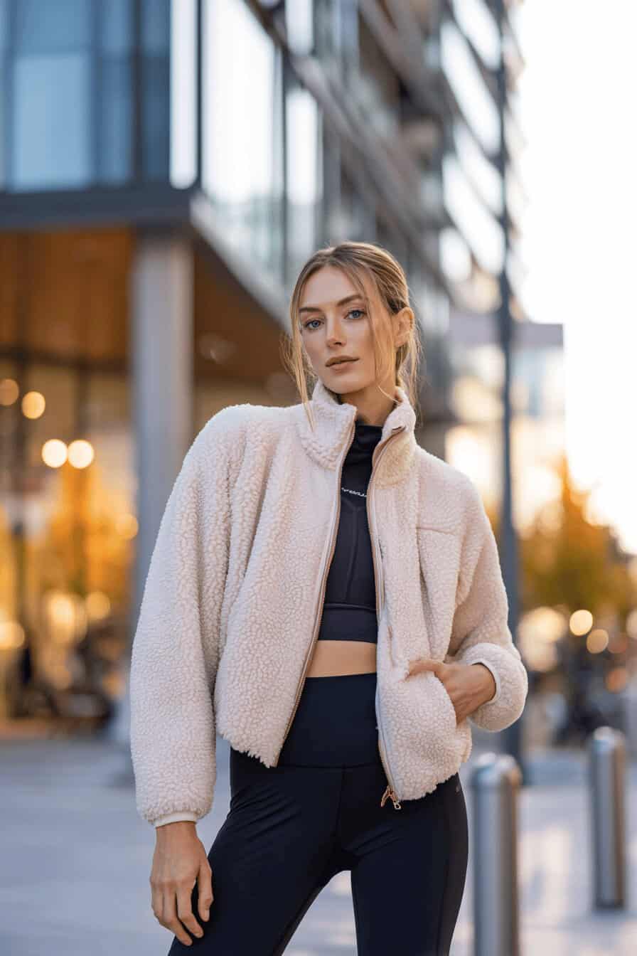Frau in Fleecejacke und Winterleggings vor urbaner Kulisse