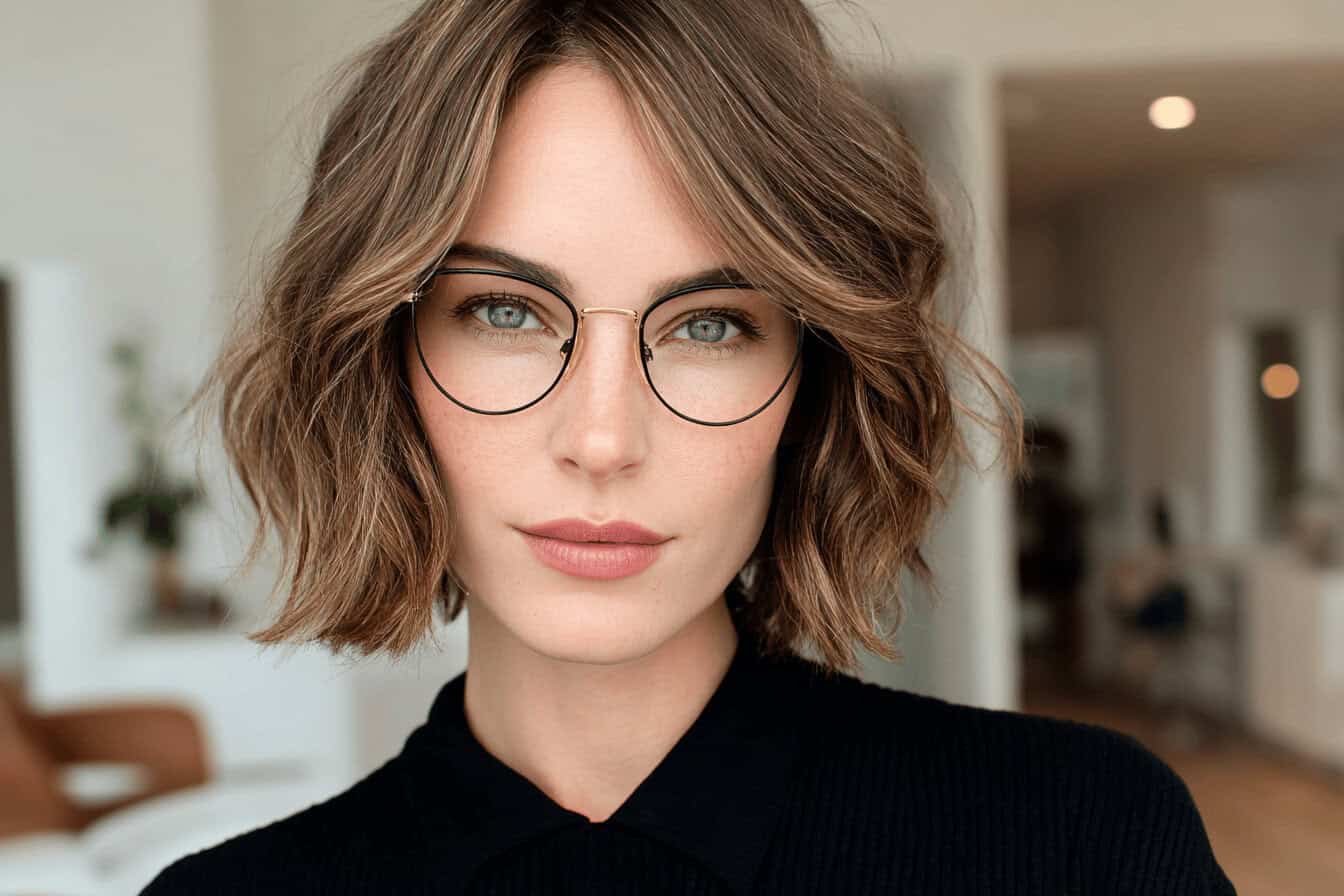 Frau mit welligem, mittellangem Haar und runder Brille