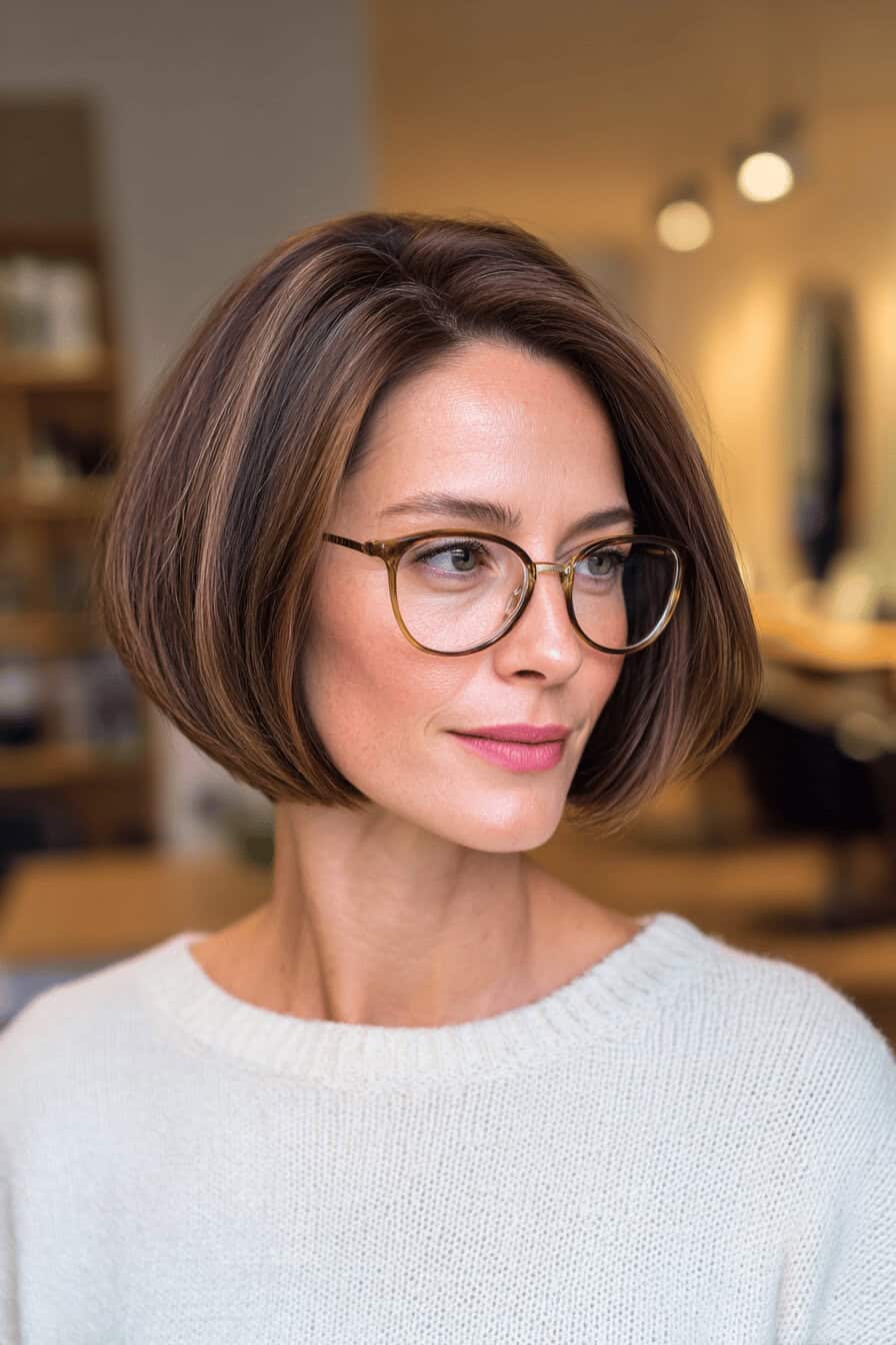 Frau mit elegantem Bob und Brille, mittellange glatte Haare