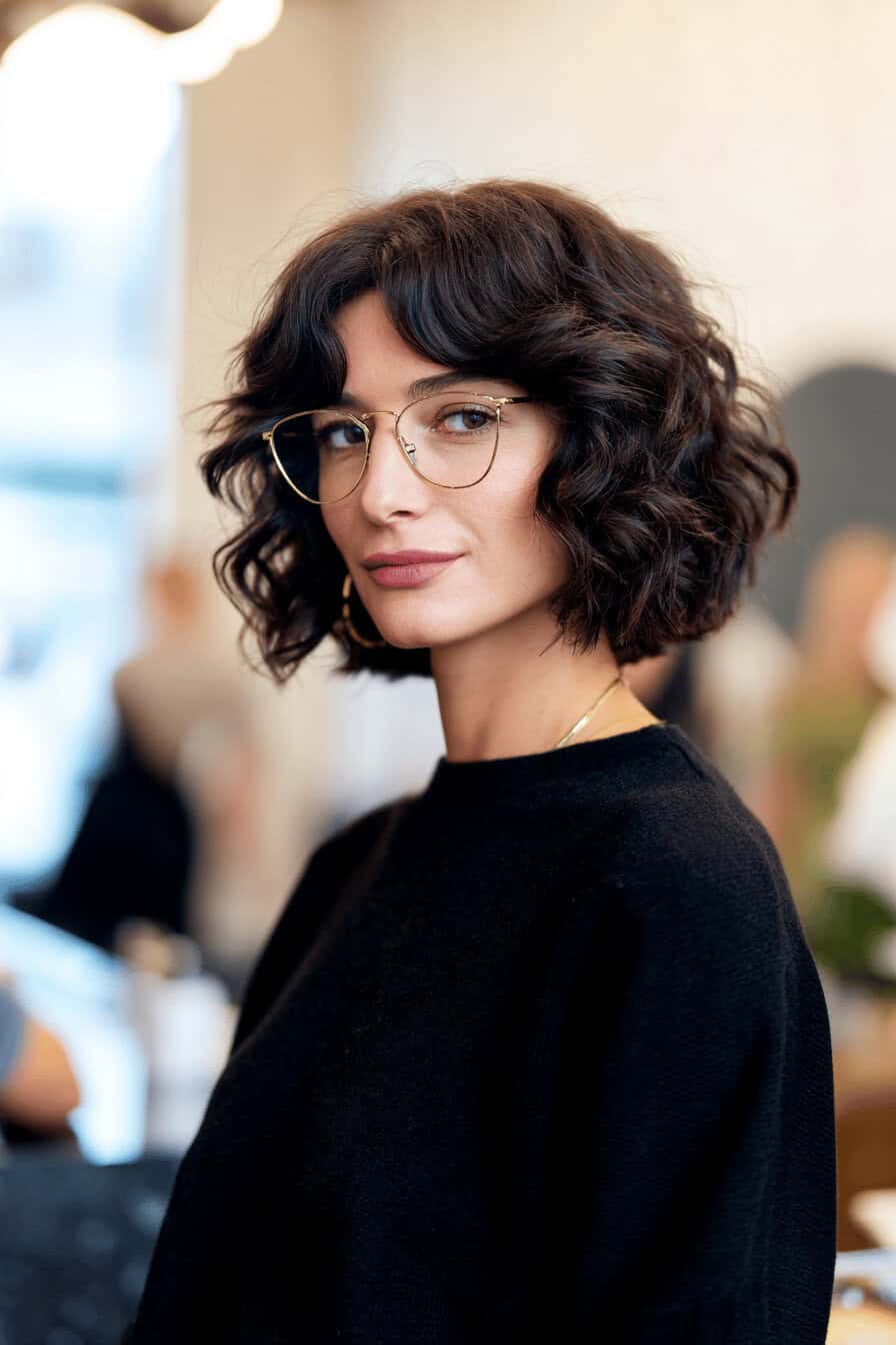 Frau mit lockigen, mittellangen, gestuften Haaren und Brille im modernen Look