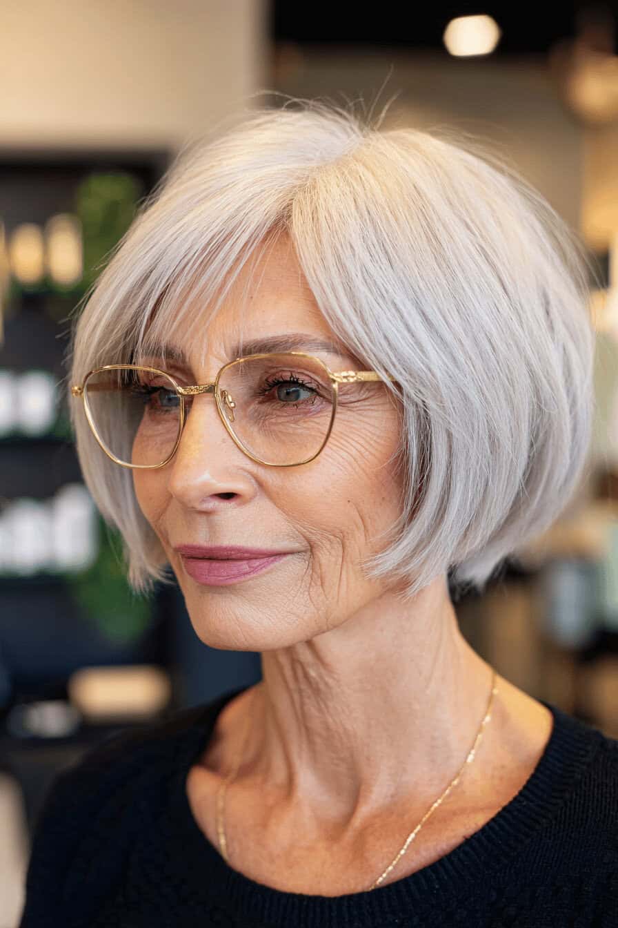 Ältere Frau mit gestufter, mittellanger Frisur und Brille im modernen Salon
