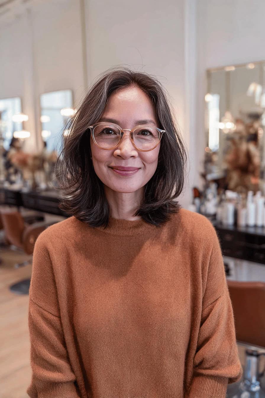 Frau mit mittellangem, welligem Haarschnitt und Brille in einem hellen Friseursalon