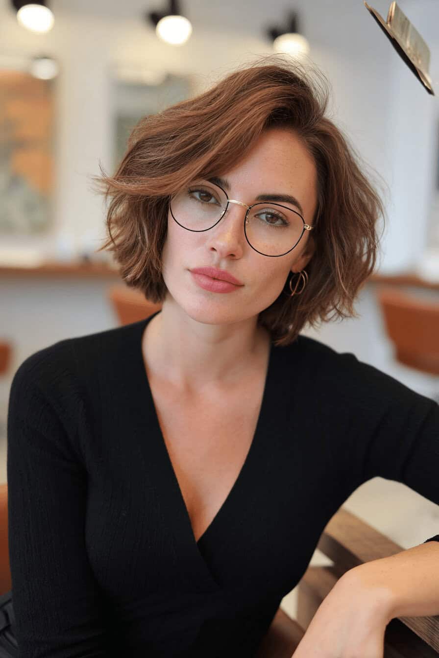 Frau mit mittellangem Shag Cut und Brille in einem modernen Friseursalon