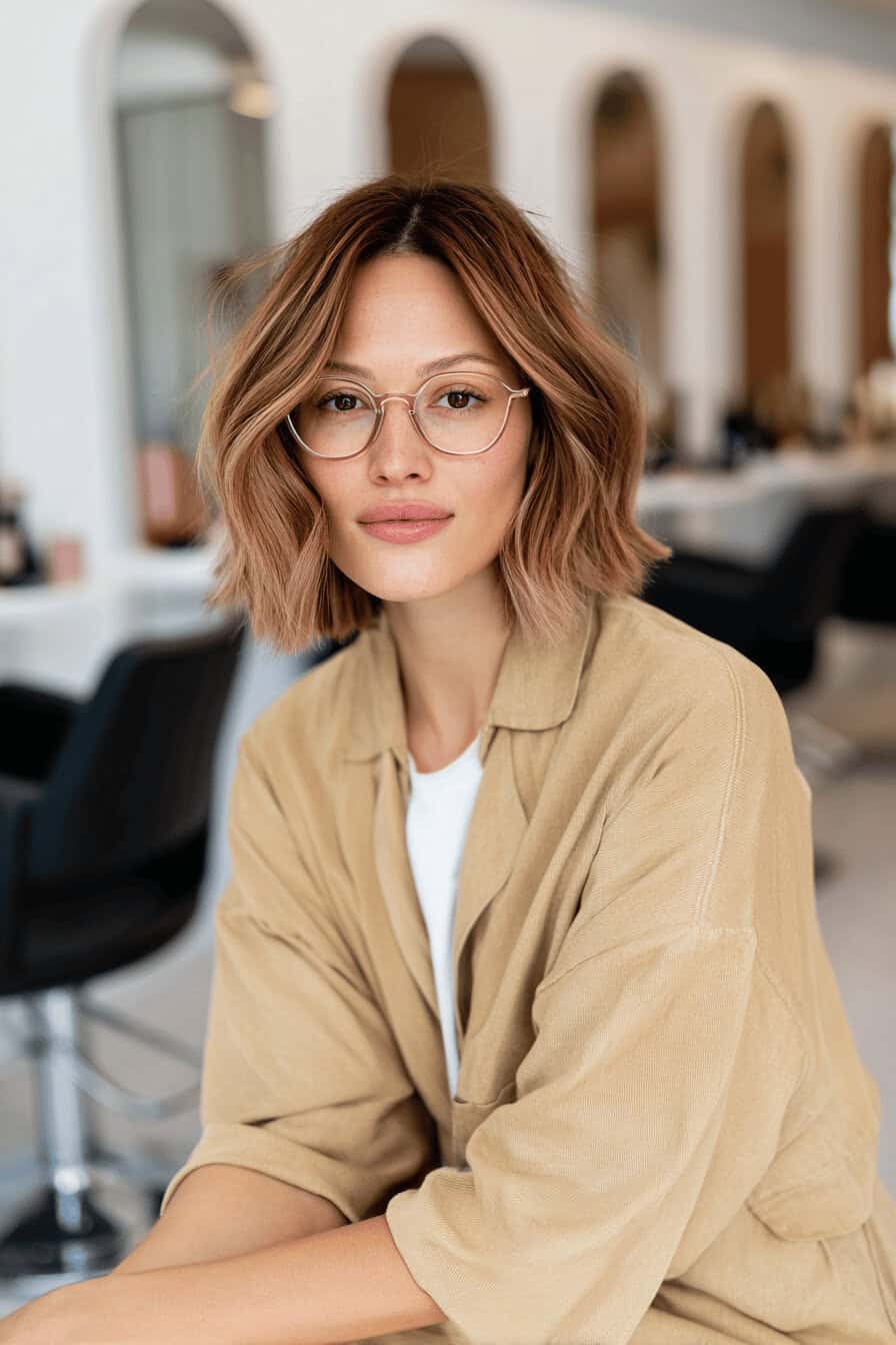 Frau mit schulterlangem Bob mit sanften Wellen, Curtain Bangs und Brille im modernen Friseursalon