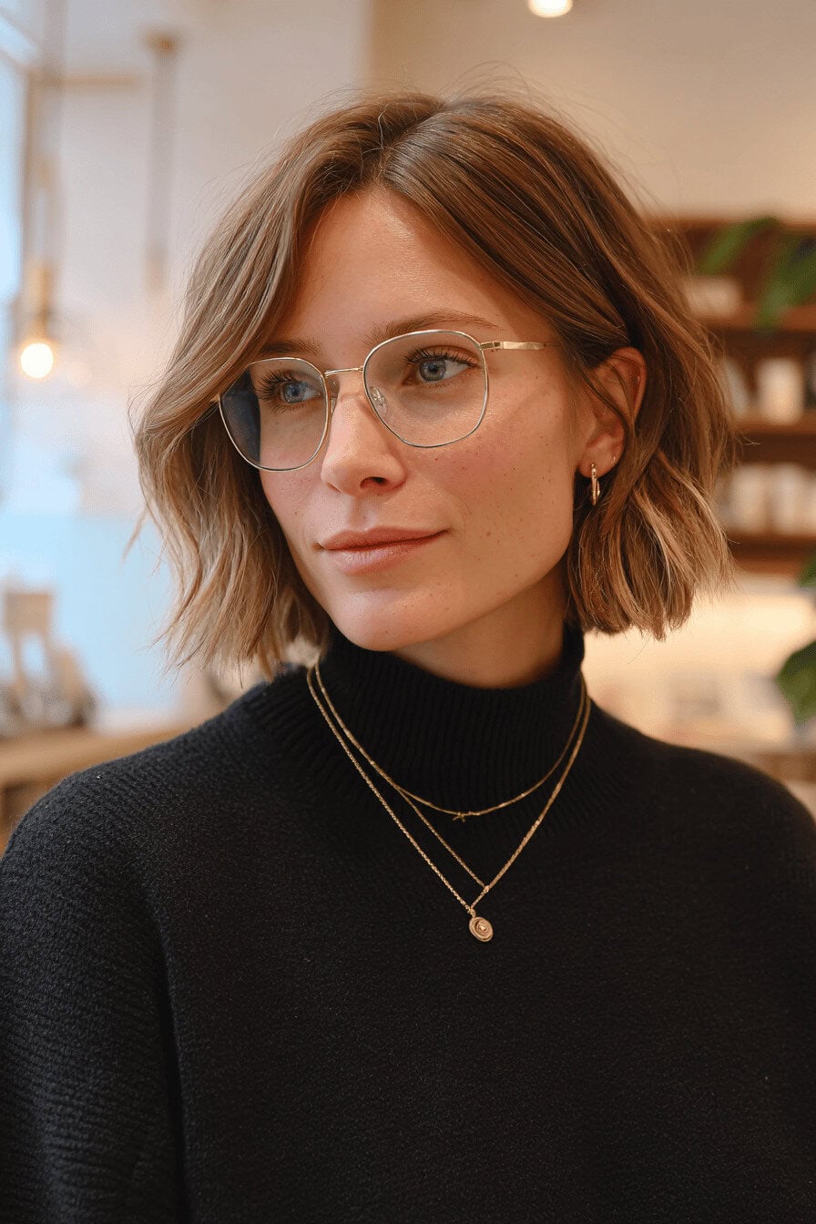 Frau mit asymmetrischem, mittellangem Bob und Brille in modernem Look