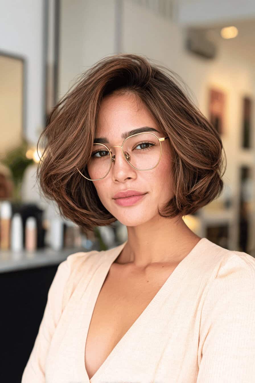 Frau mit voluminösem Bob und Brille im Salon