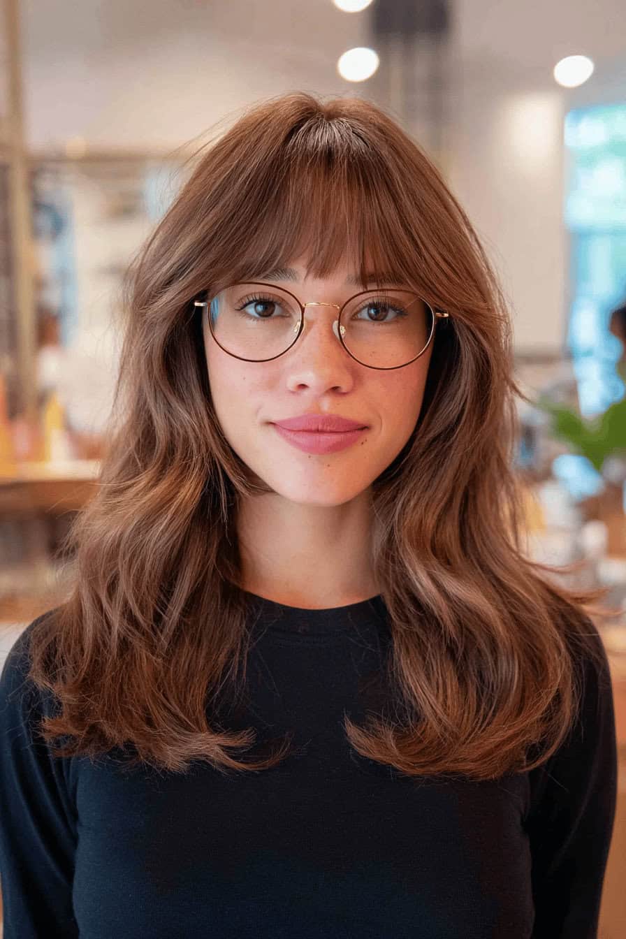 Frau mit runder Brille und langer Curtain Bangs Frisur für mittellanges Haar