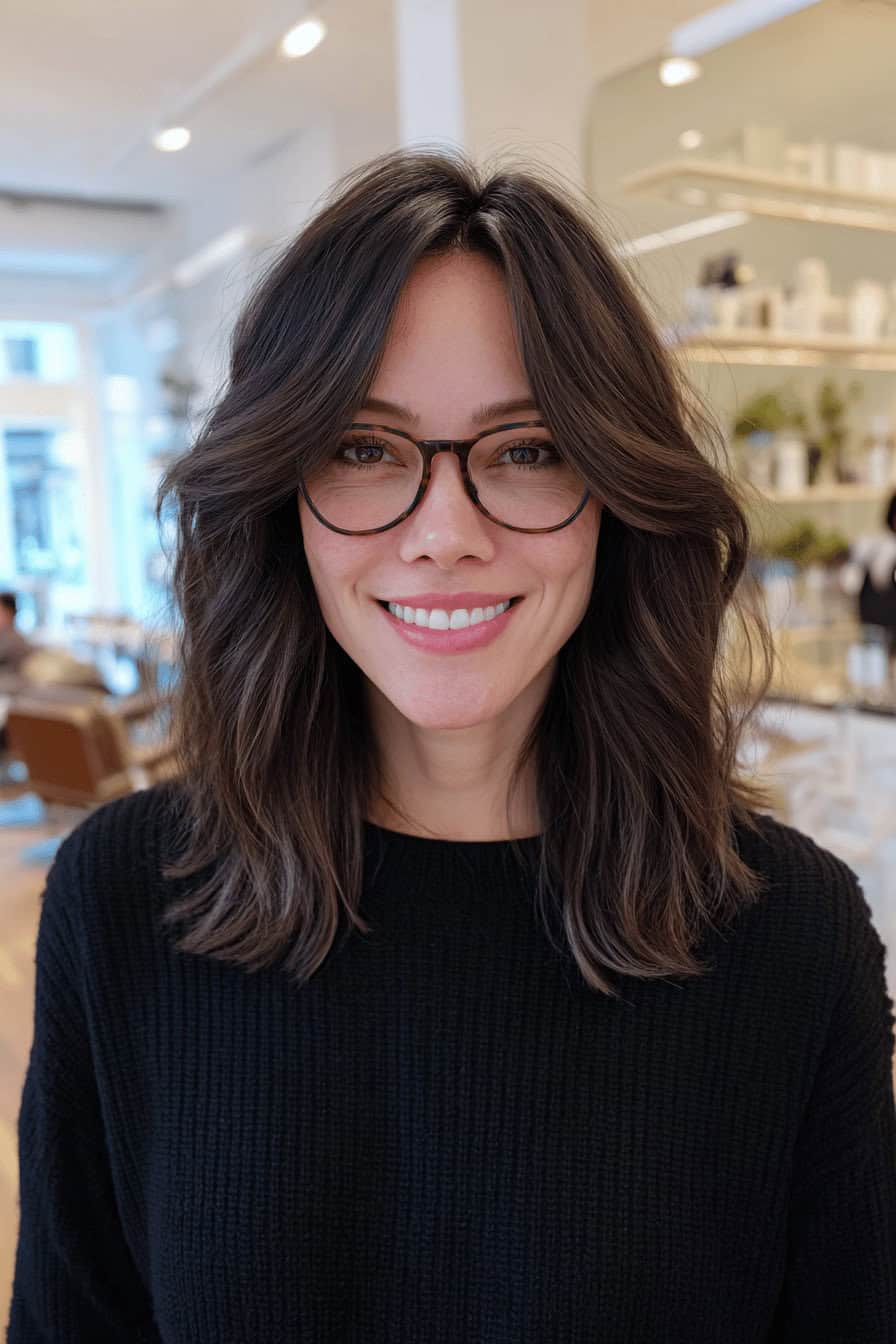Frau mit mittellanger brauner Frisur mit sanften Layers und Brille in modernem Friseursalon