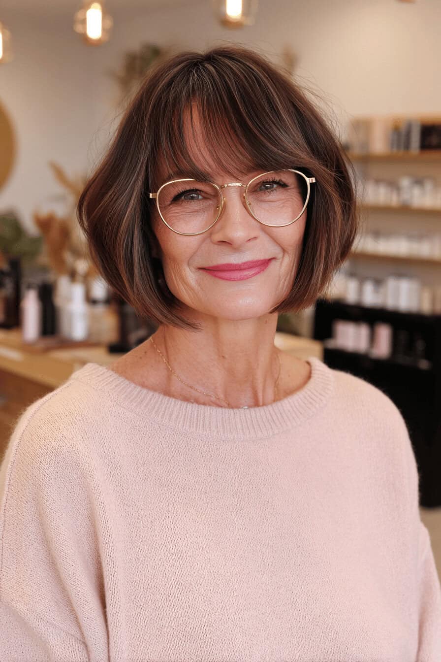 Frau mit klassischem, mittellangem Pagenkopf und Brille im Salon
