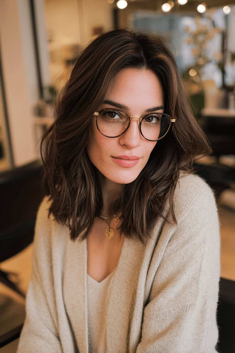 Frau mit mittellanger, brauner Frisur mit Mittelscheitel und runder Brille im Salon