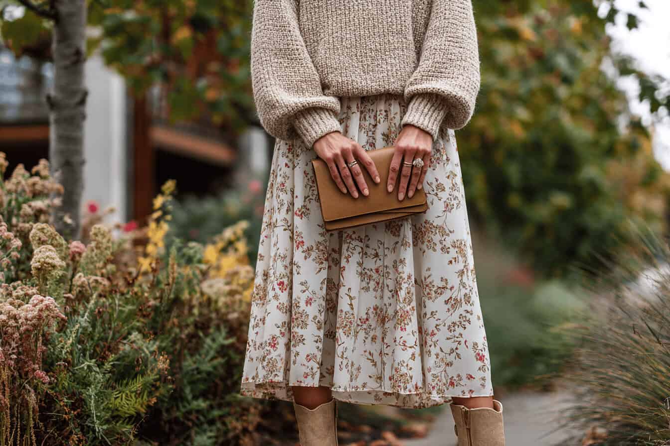 Frau trägt beigen Strickpullover und geblümten Midirock