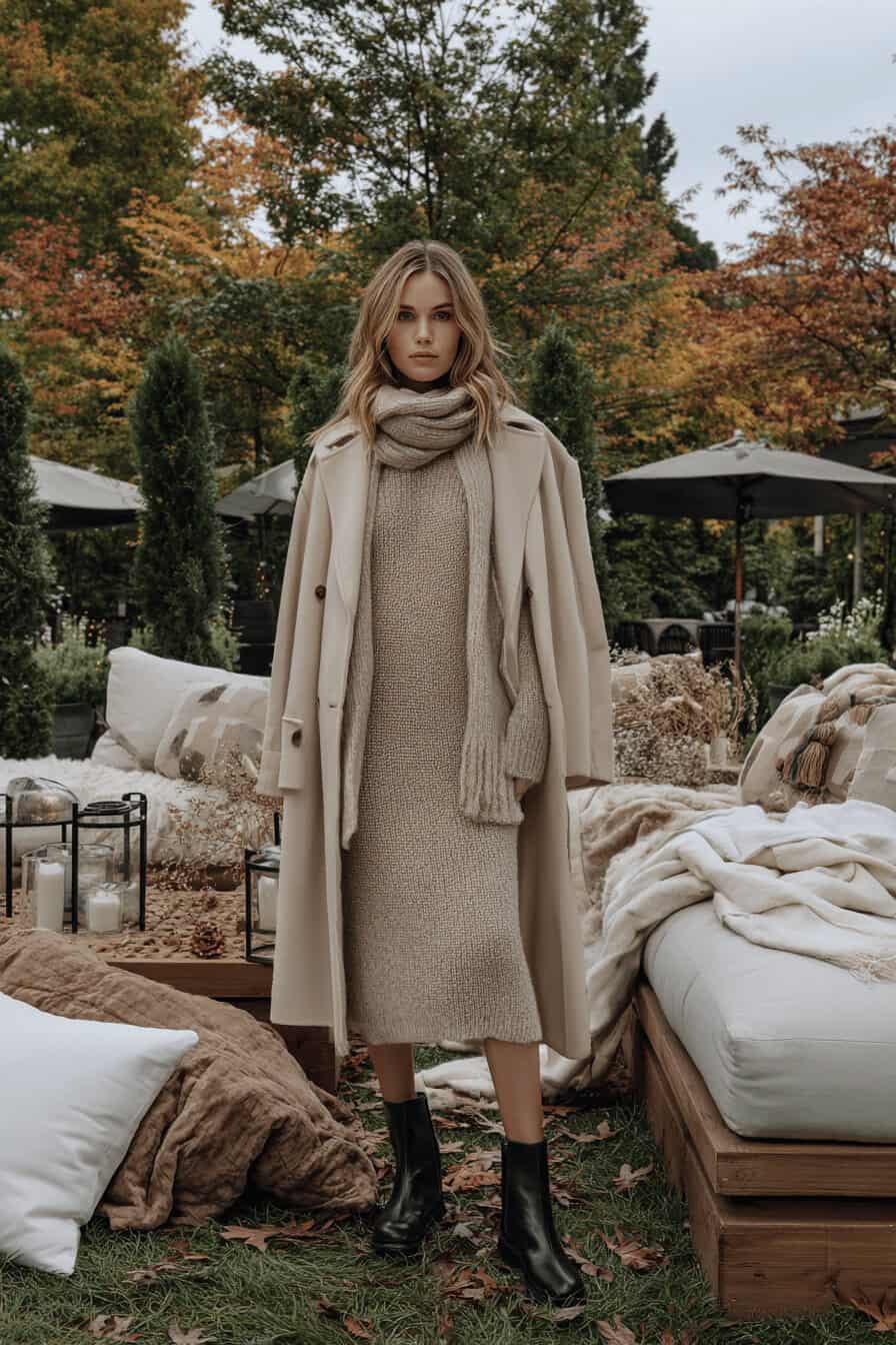 Frau in beigem Strickkleid, Mantel und Schal bei herbstlicher Gartenparty