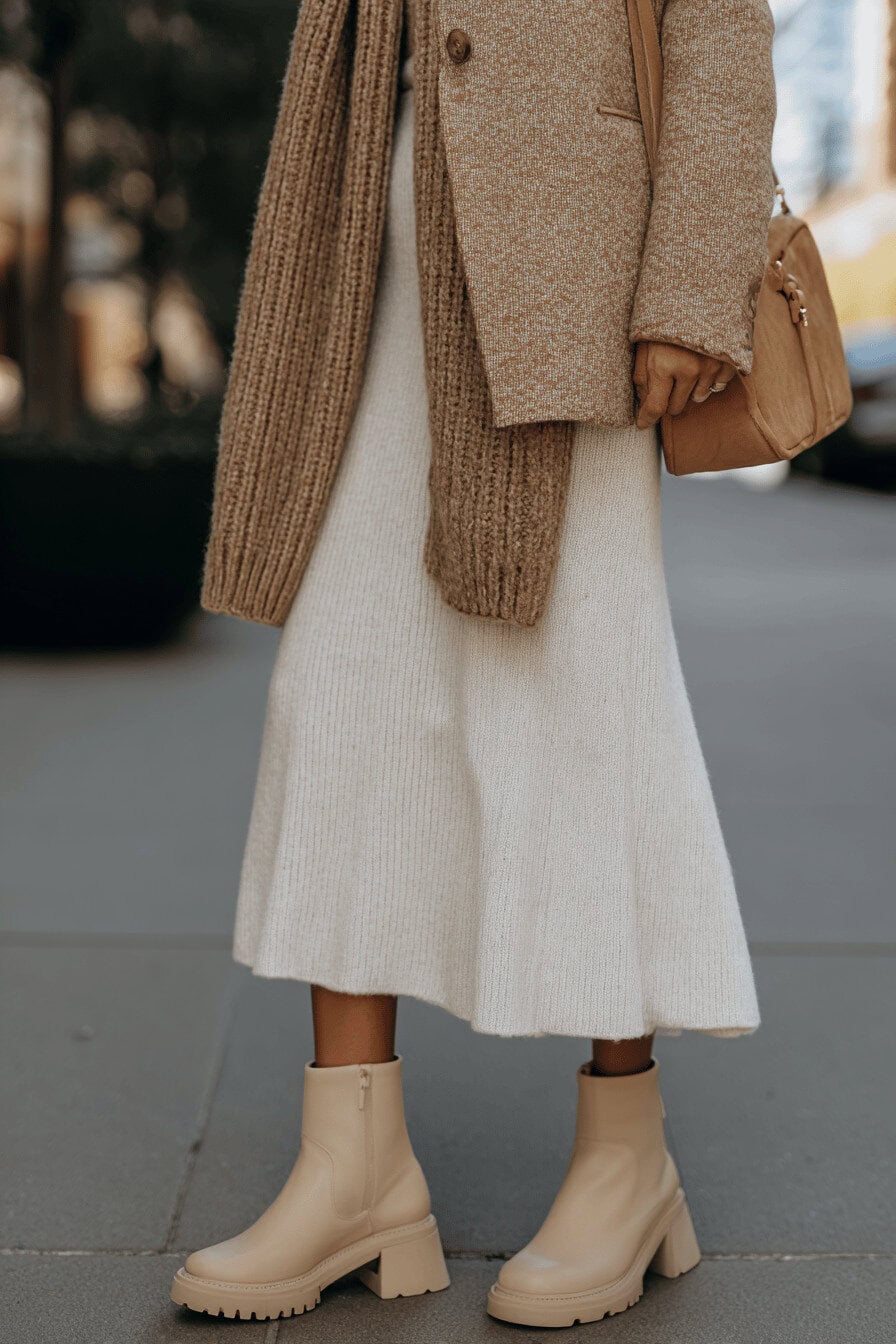 Herbstoutfit mit beigem Mantel, langem Strickrock und hellen Boots