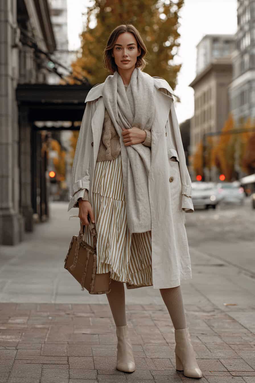 Frau im herbstlichen Streetstyle mit gestreiftem Midirock und hellem Trenchcoat