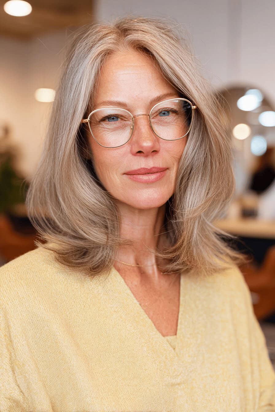 Frau mit leicht gewelltem, gestuftem Long Bob und Brille im Salon
