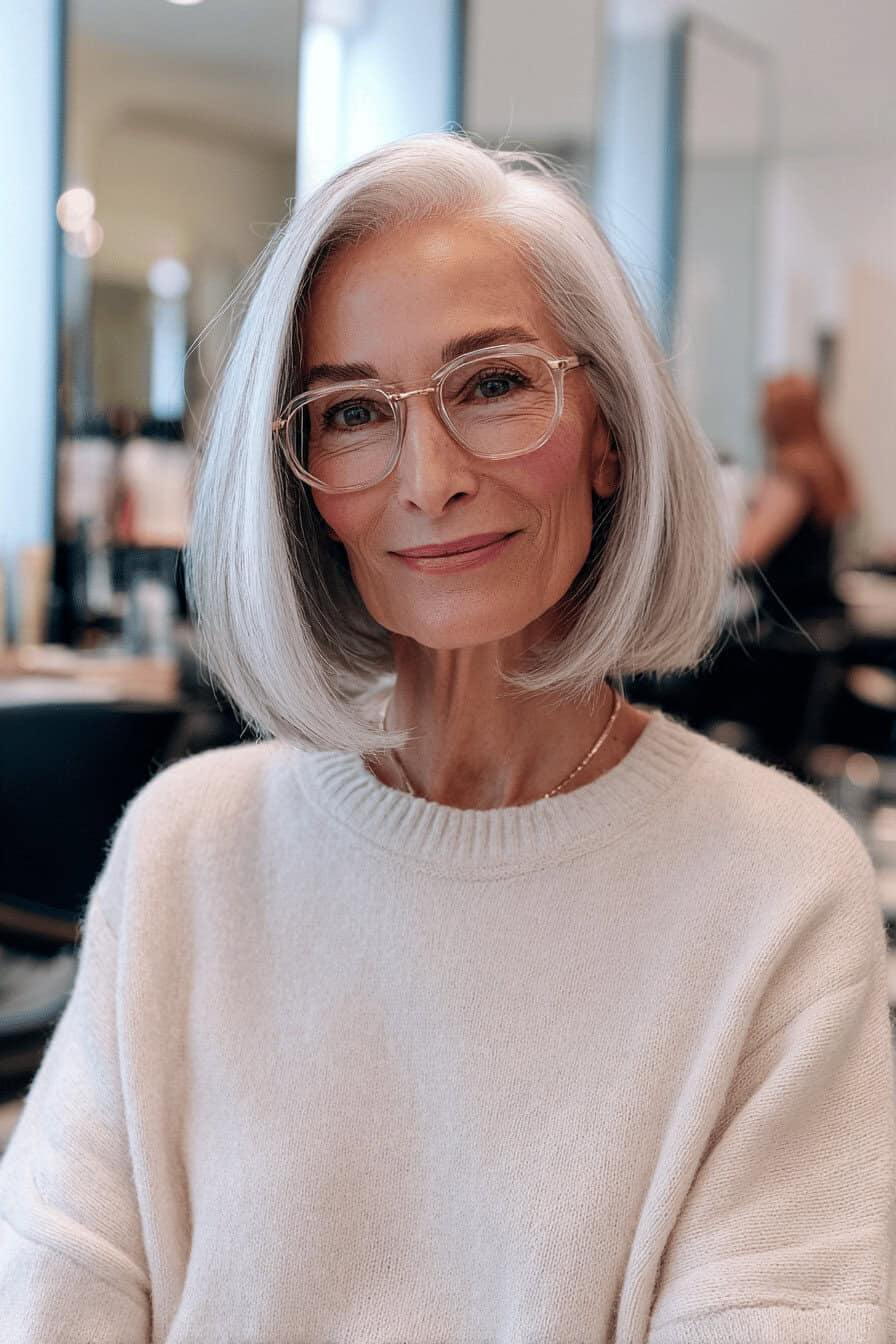 Ältere Frau mit Brille und glattem, gestuftem Bob im Friseursalon