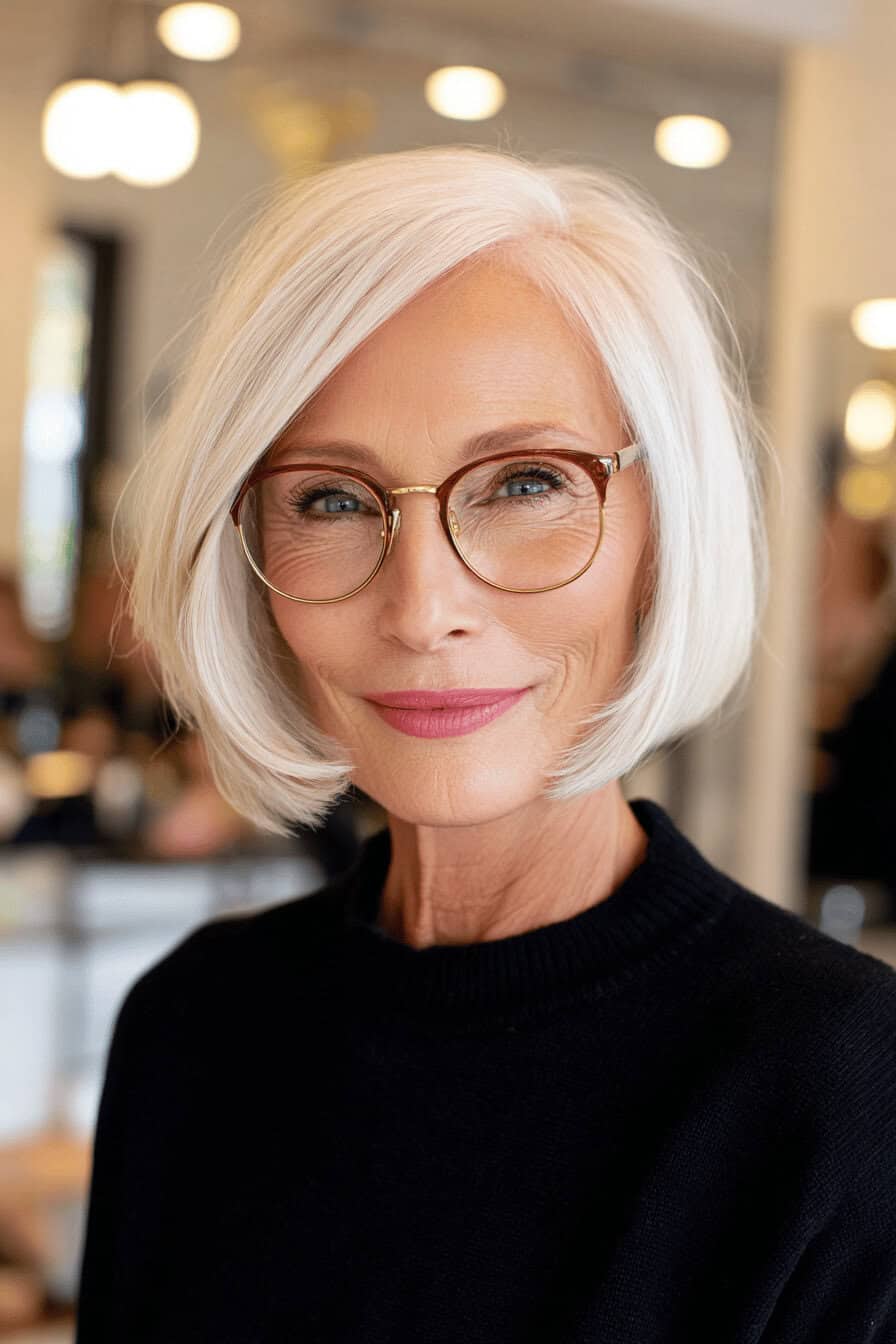 Ältere Frau mit weißblondem, glattem Long Bob und runder Brille im Salon