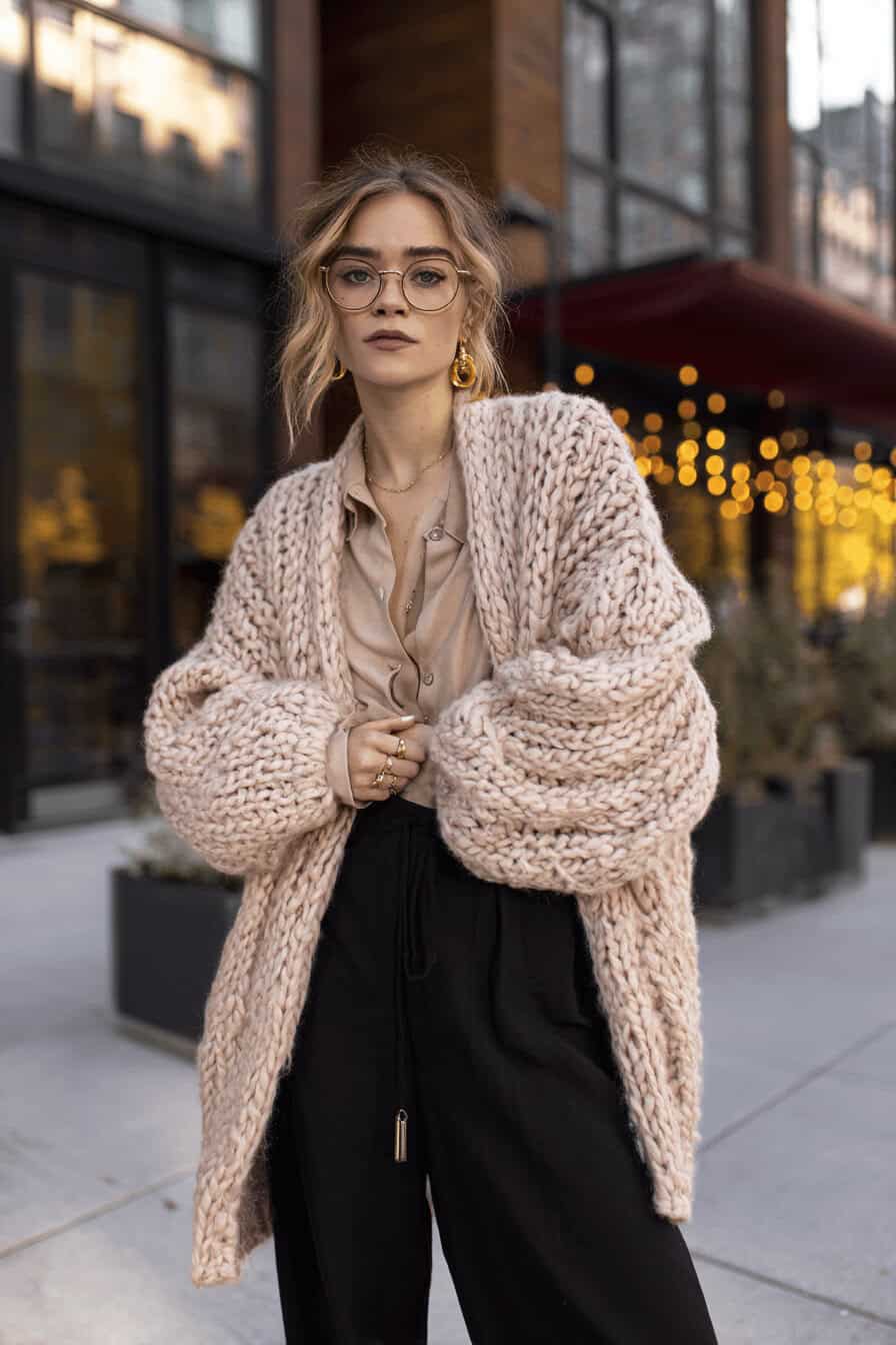Frau mit grob gestricktem Cardigan und lockerer Hose im urbanen Herbstlook