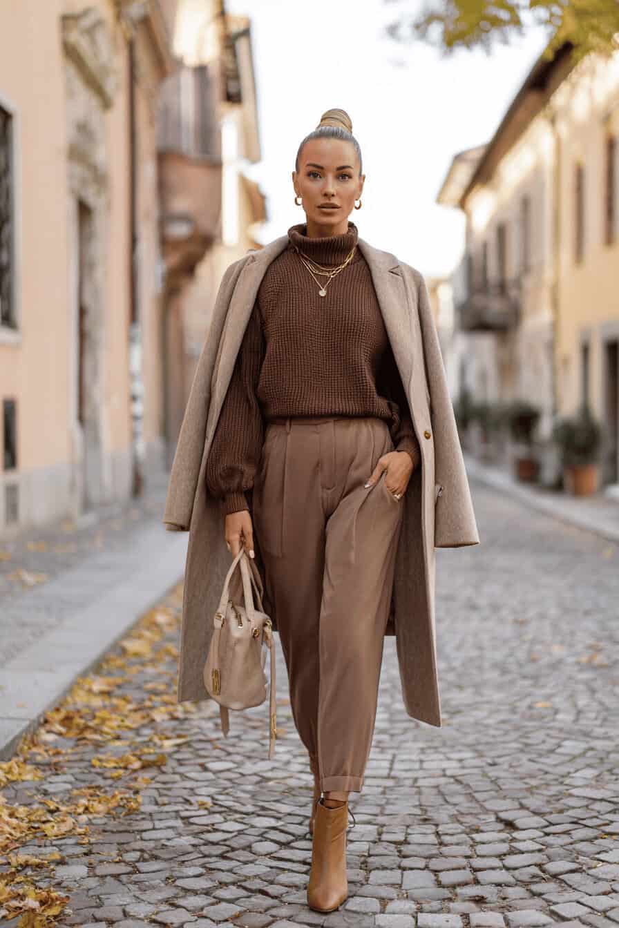 Frau in monochromem Braun: camel Mantel, schokobrauner Pulli, helle Hose und braune Stiefeletten auf herbstlicher Straße.