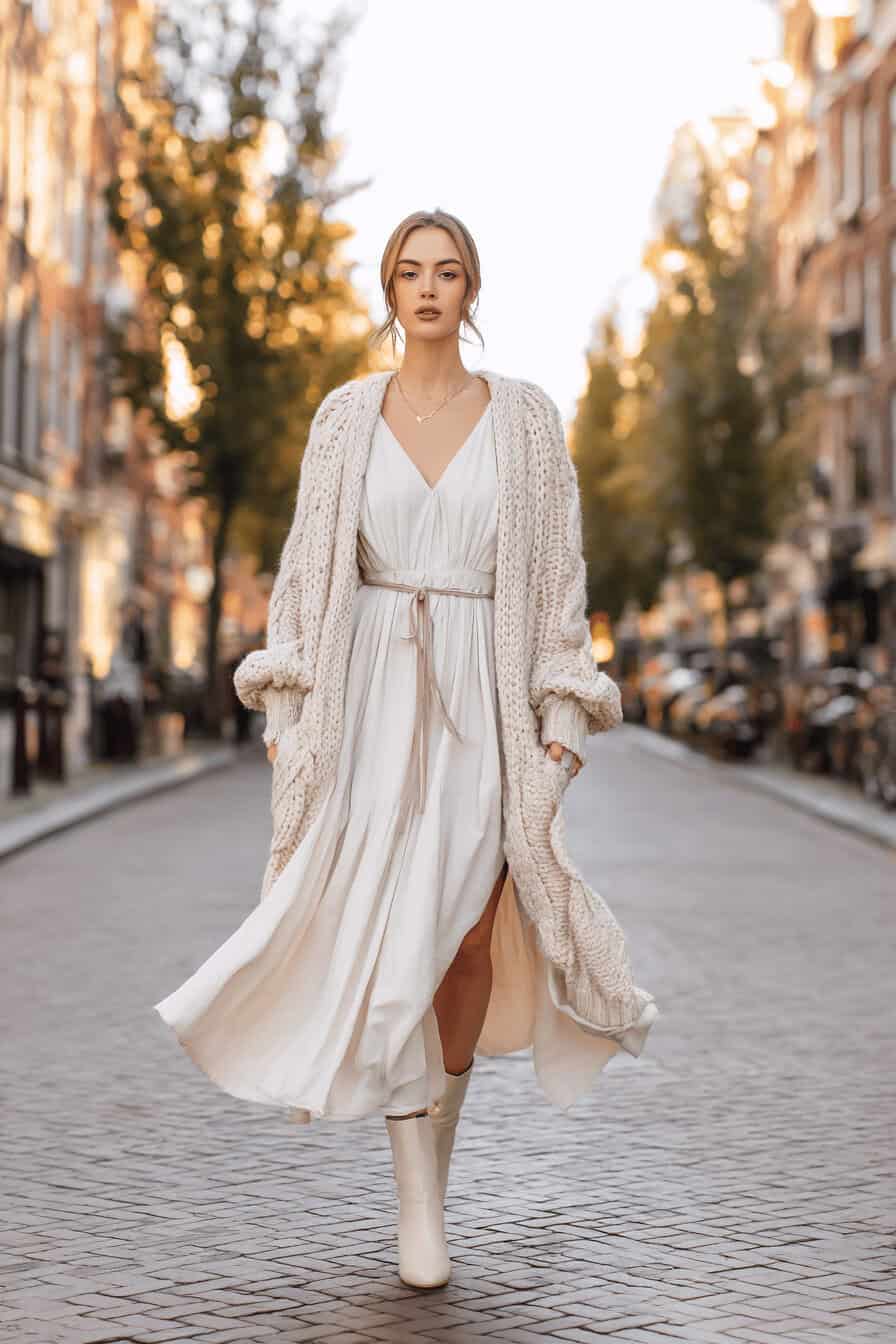 Frau im rostfarbenen Midikleid mit cremefarbener Strickjacke und Stiefeletten zwischen Herbstlaub.