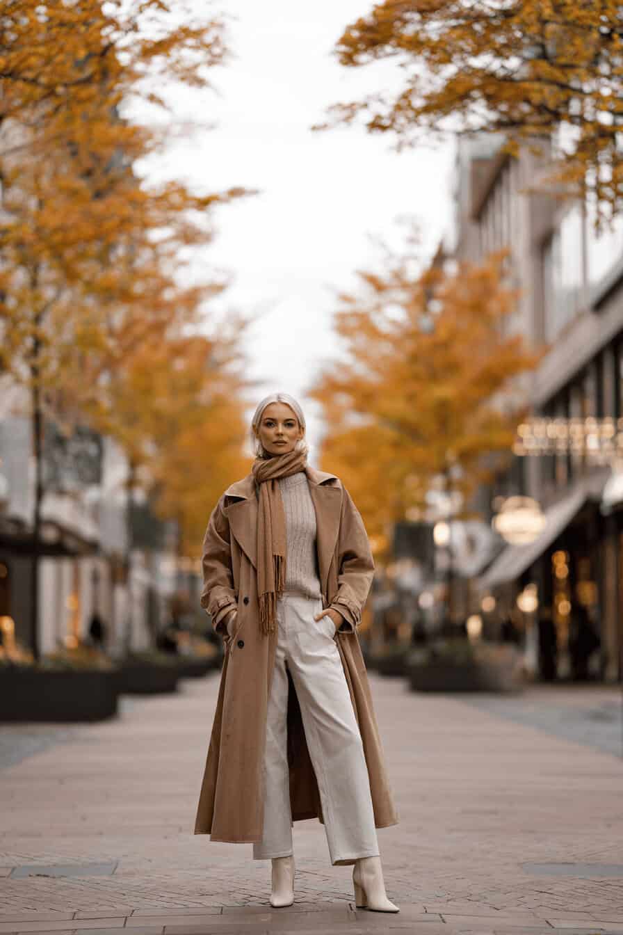 Frau im herbstlichen Layer-Look mit Trenchcoat, Strickpullover, Schal und Stiefeletten auf einer von buntem Laub gesäumten Stadtstraße.