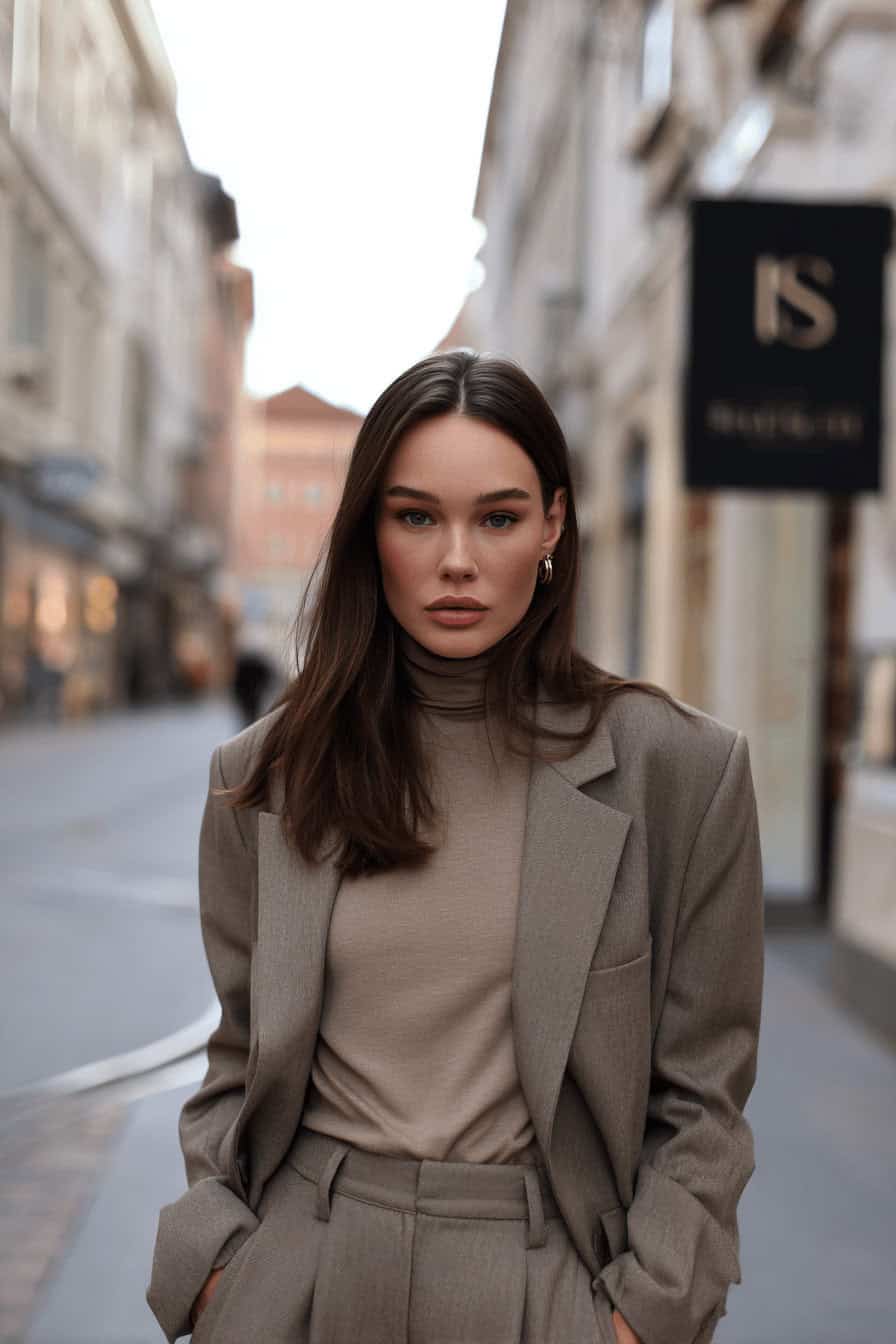 Frau trägt einen Oversize-Blazer in neutralem Ton mit Rollkragen, Jeans und Stiefeletten auf einer herbstlichen Straße mit buntem Laub.